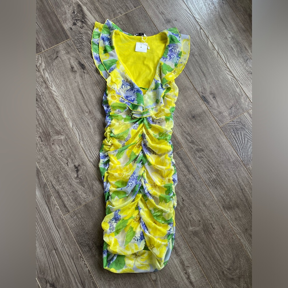 NWT Zara Yellow Floral Print Ruched Tulle Mini Dress - Picture 5 of 16